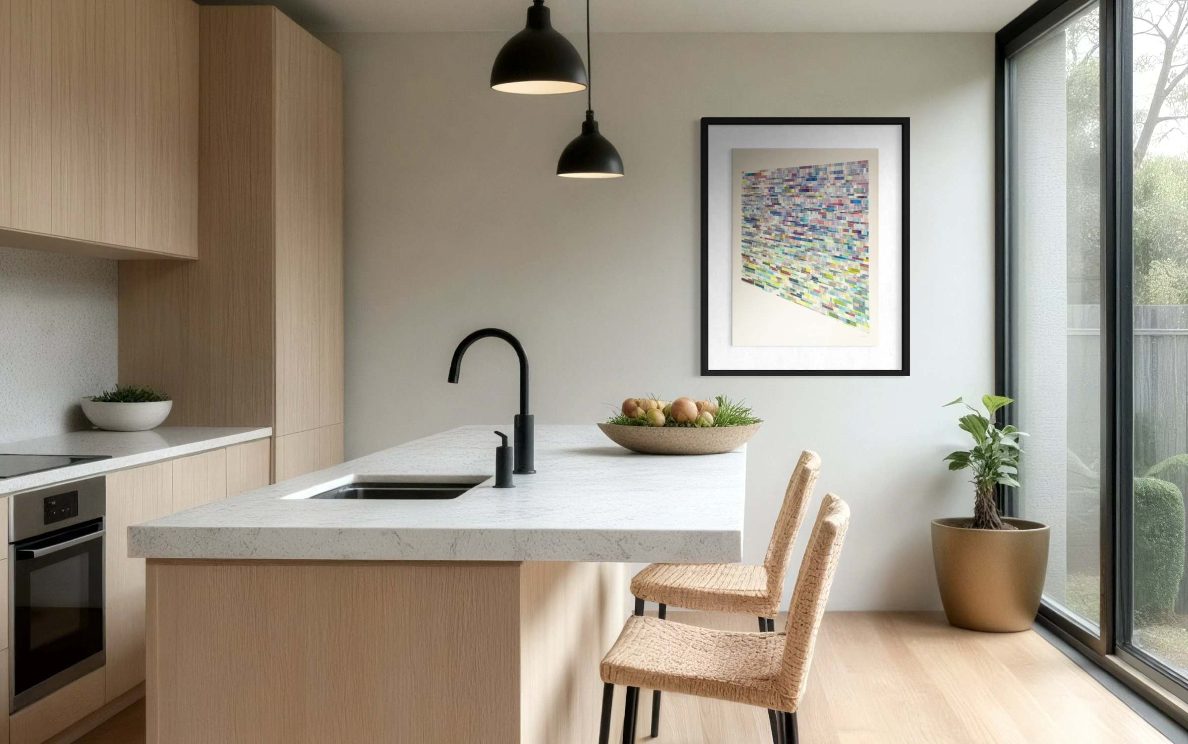 A framed print in the kitchen