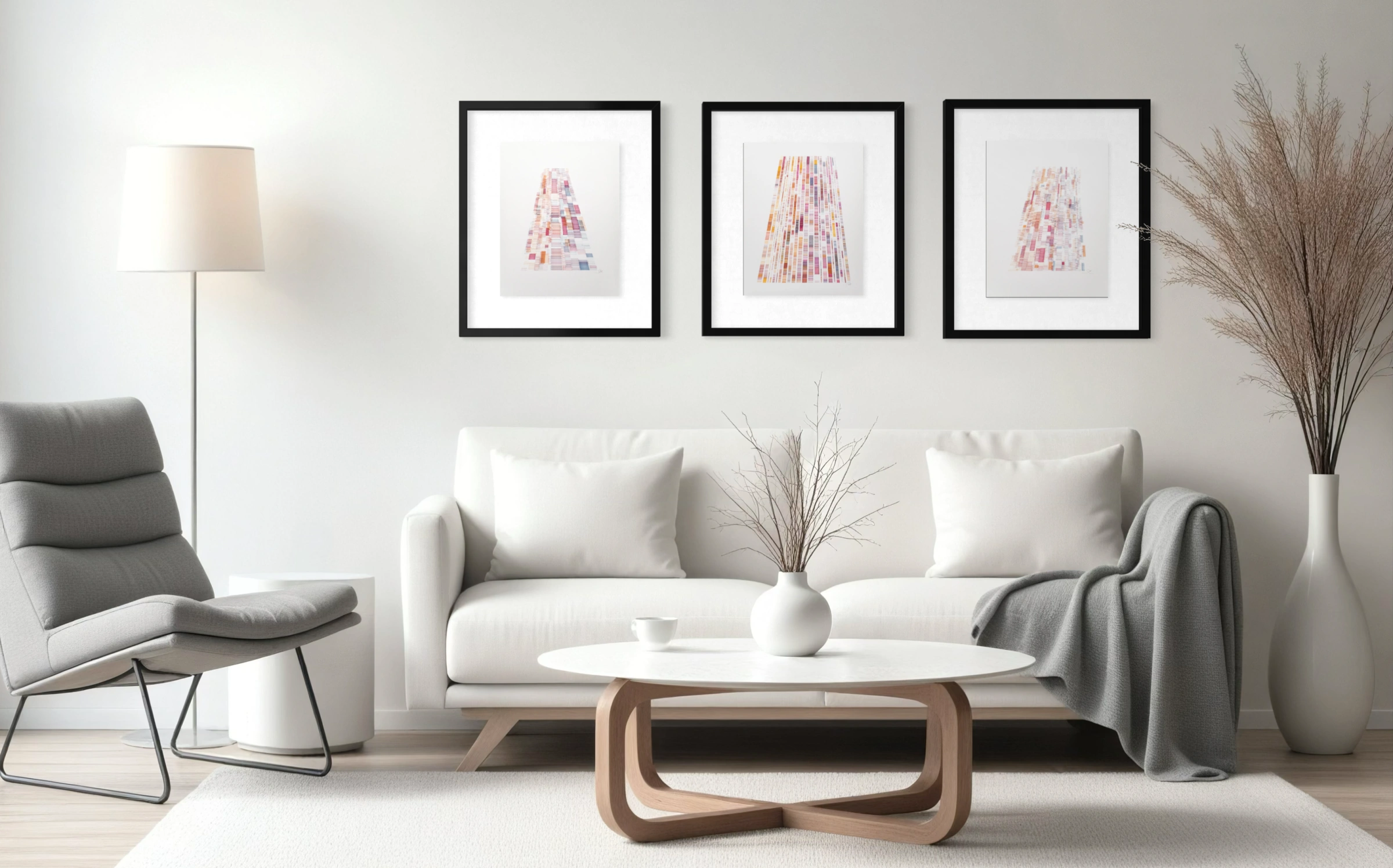 A framed print above the living room couch